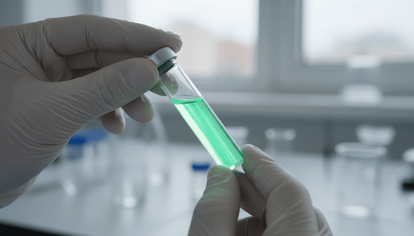 Close-up of gloved hands holding fluorescent biomarker vial in laboratory setting