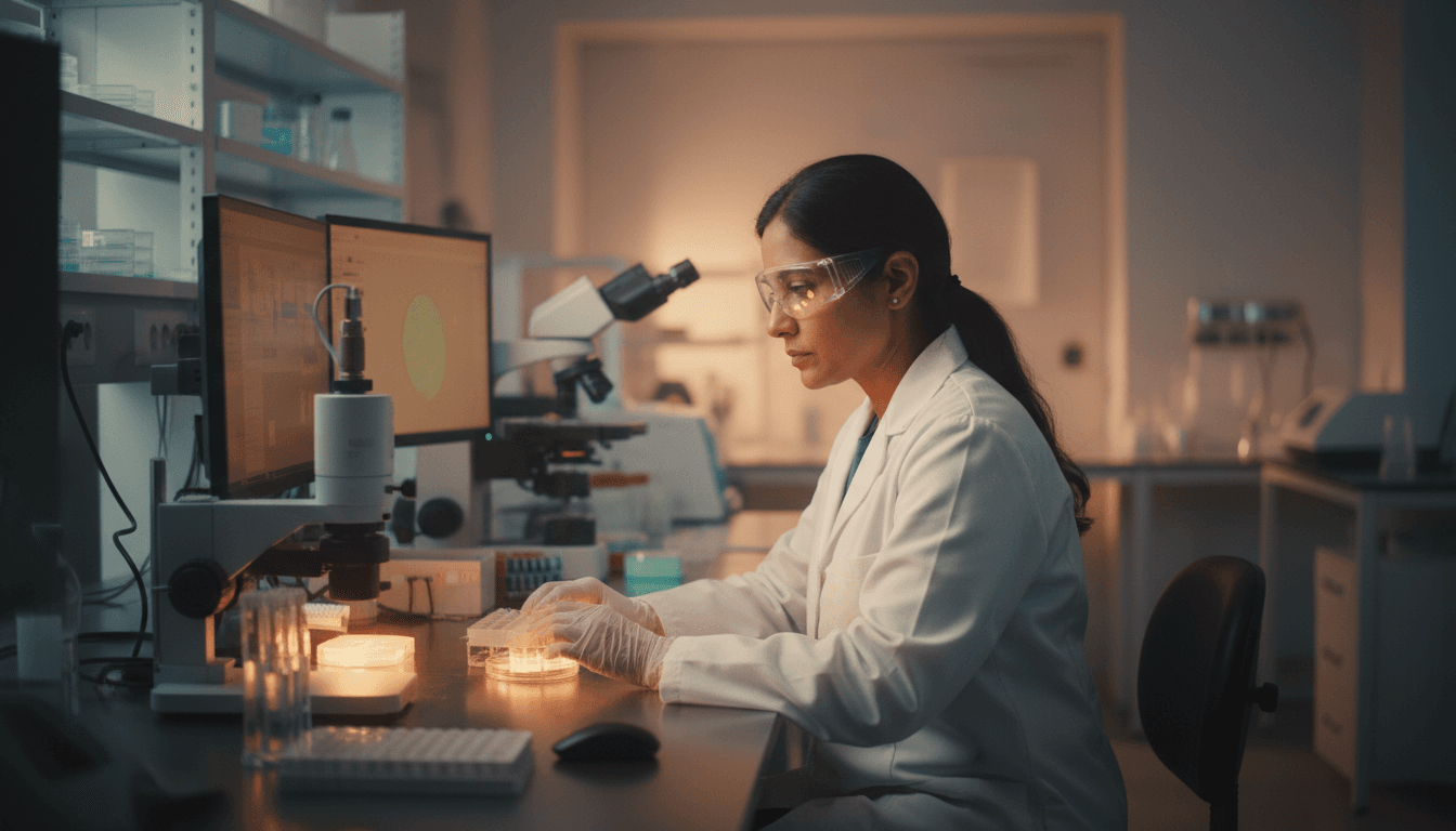 Biomedical scientist examining fluorescent biomarker samples under specialized imaging equipment in a modern laboratory setting