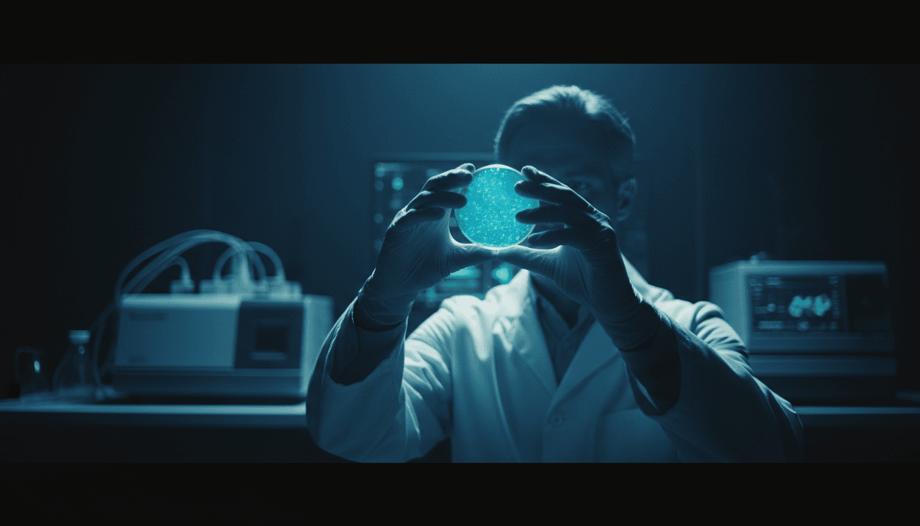 Researcher examining a fluorescent biomarker sample under specialized laboratory lighting