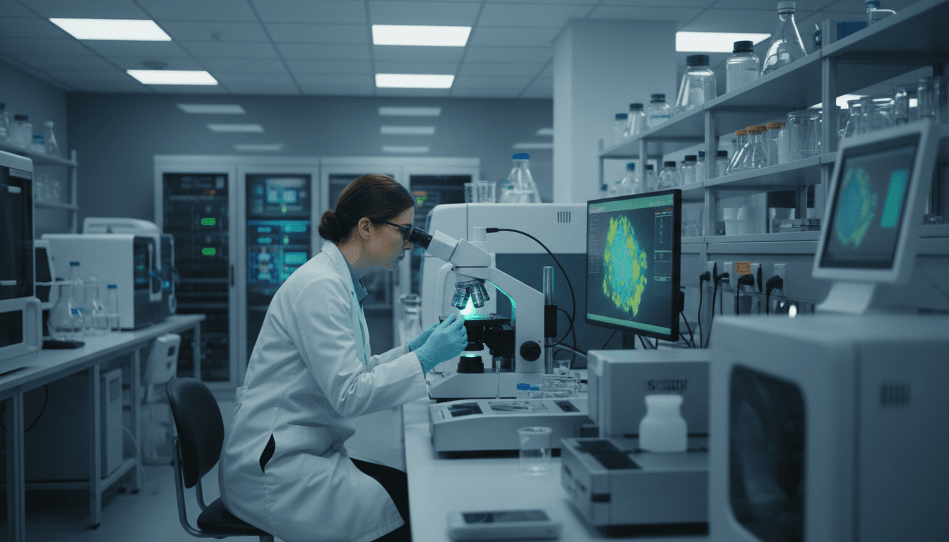 Biomedical researcher examining fluorescent biomarker sample under advanced imaging equipment in modern laboratory