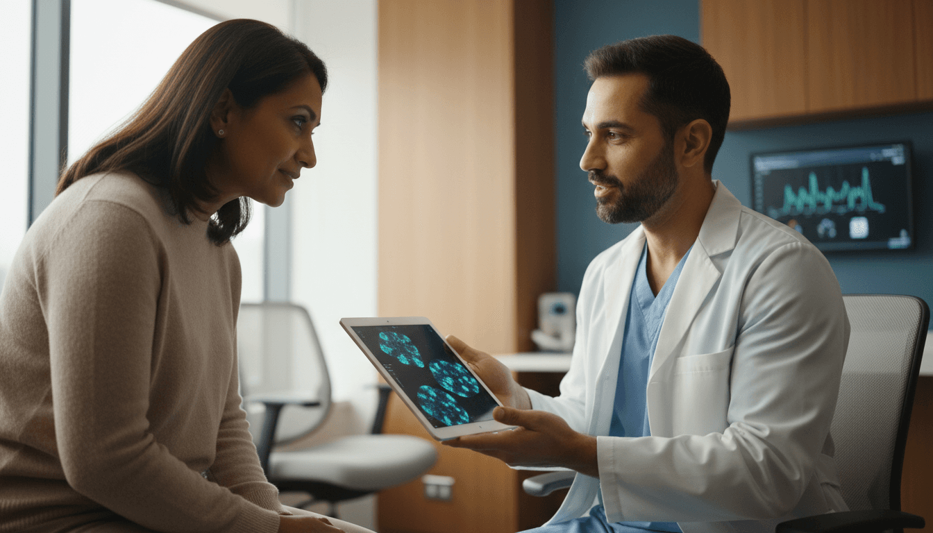 Surgeon discussing fluorescent imaging results with patient