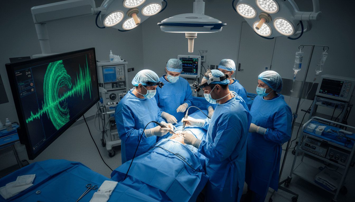 Surgical team using real-time fluorescent imaging during procedure
