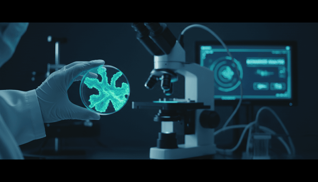 Fluorescent biomarker sample glowing under specialized imaging equipment in laboratory setting