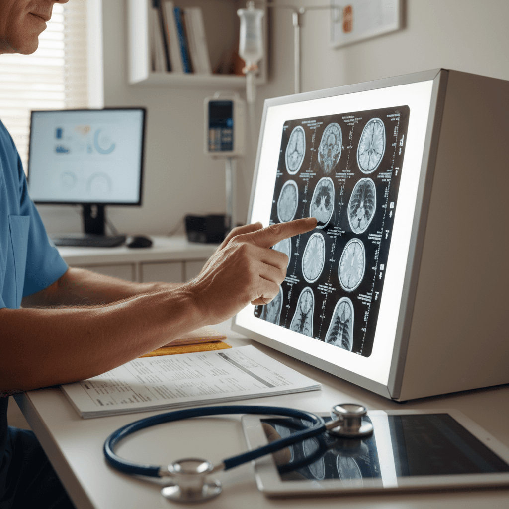 Oncologist examining medical imaging scans on light box with natural window light in modern clinical workspace