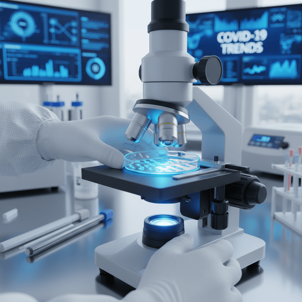 Researcher examining petri dish under microscope in modern laboratory with precision instruments and data displays