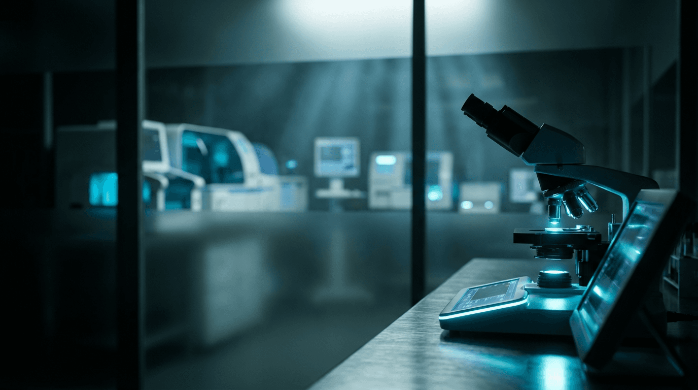 Fluorescent biomarker glowing under UV light in laboratory