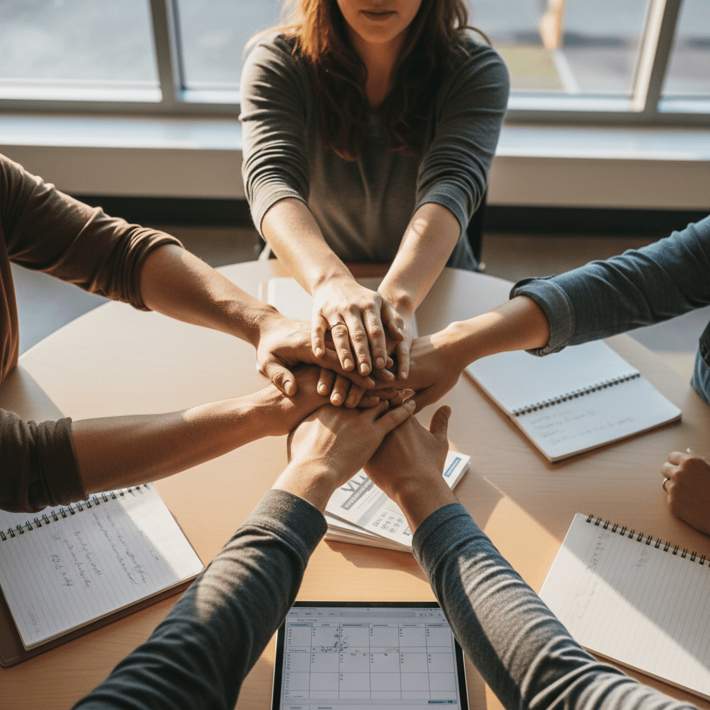 Diverse team members' hands joined together at round table during community support briefing meeting, symbolizing unity and collaborative care.